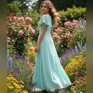 Vintage 70's Mint Green Flutter Sleeve Maxi Dress Sz 9/ 10